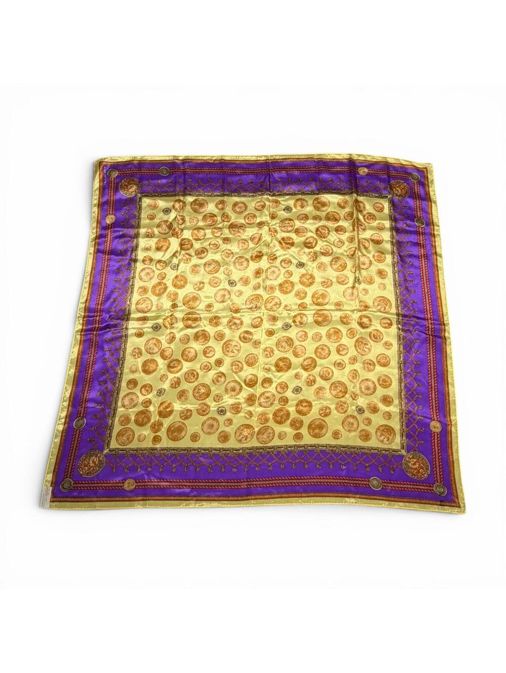 Vintage 80s Elaine Gold Silk Scarf Purple Gold Medallion Print Square Scarf